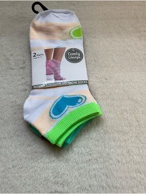 Women's No-Show Socks - White with Blue & Green Accents